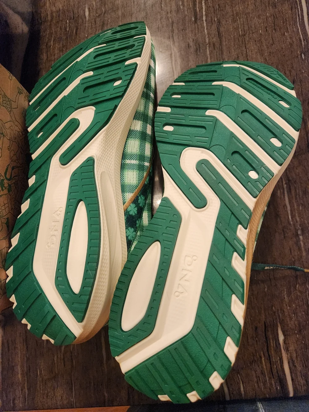 Brooks Green Plaid Athletic Running Shoes with Gold Accents